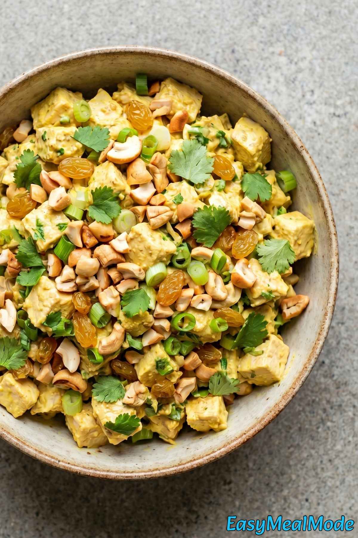 Hearty curry chicken salad topped with cashews