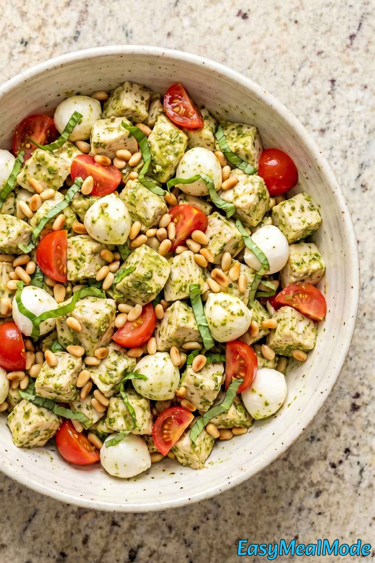 Hearty chicken salad with pesto and mozzarella