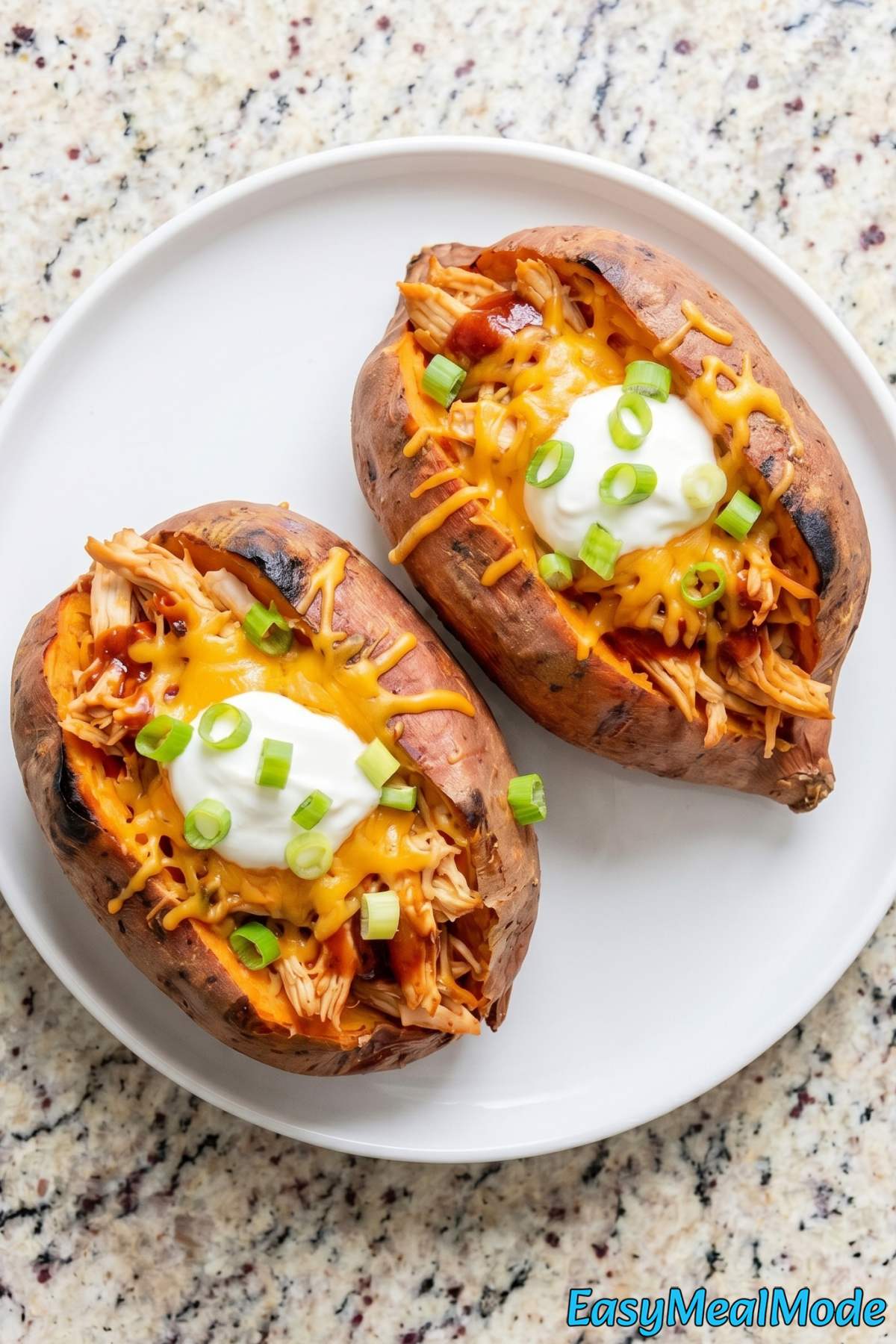 Savory BBQ chicken topped sweet potatoes