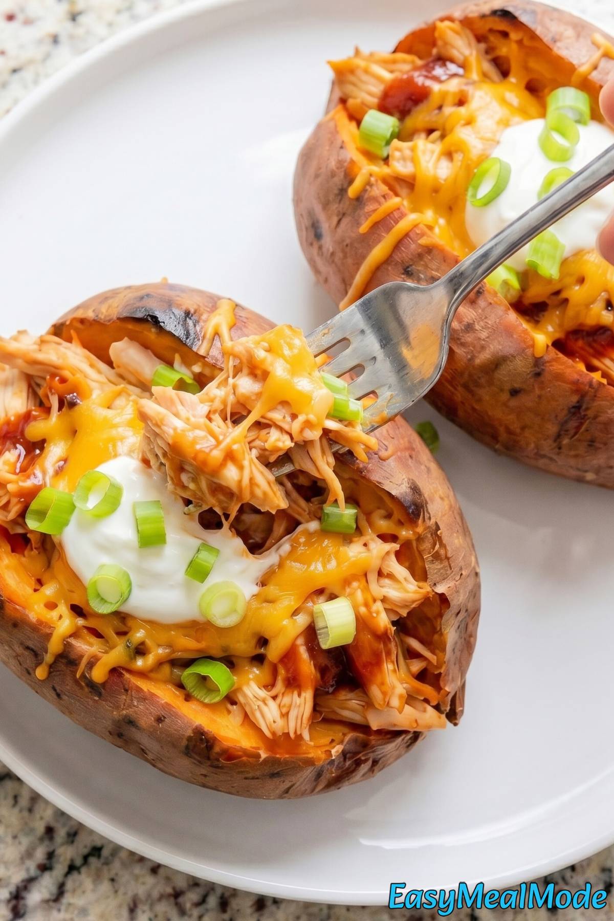 Satisfying BBQ chicken stuffed sweet potatoes