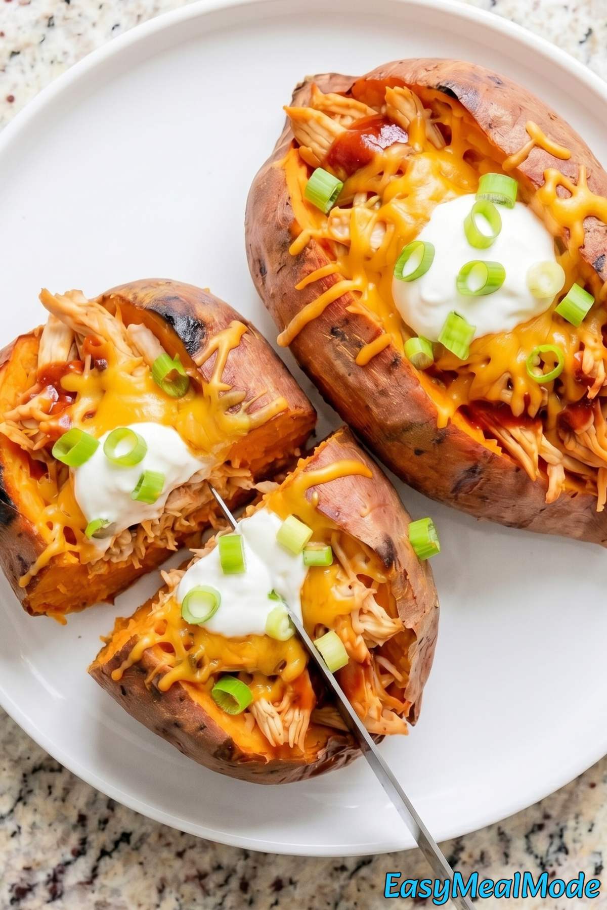Juicy BBQ chicken over roasted sweet potatoes