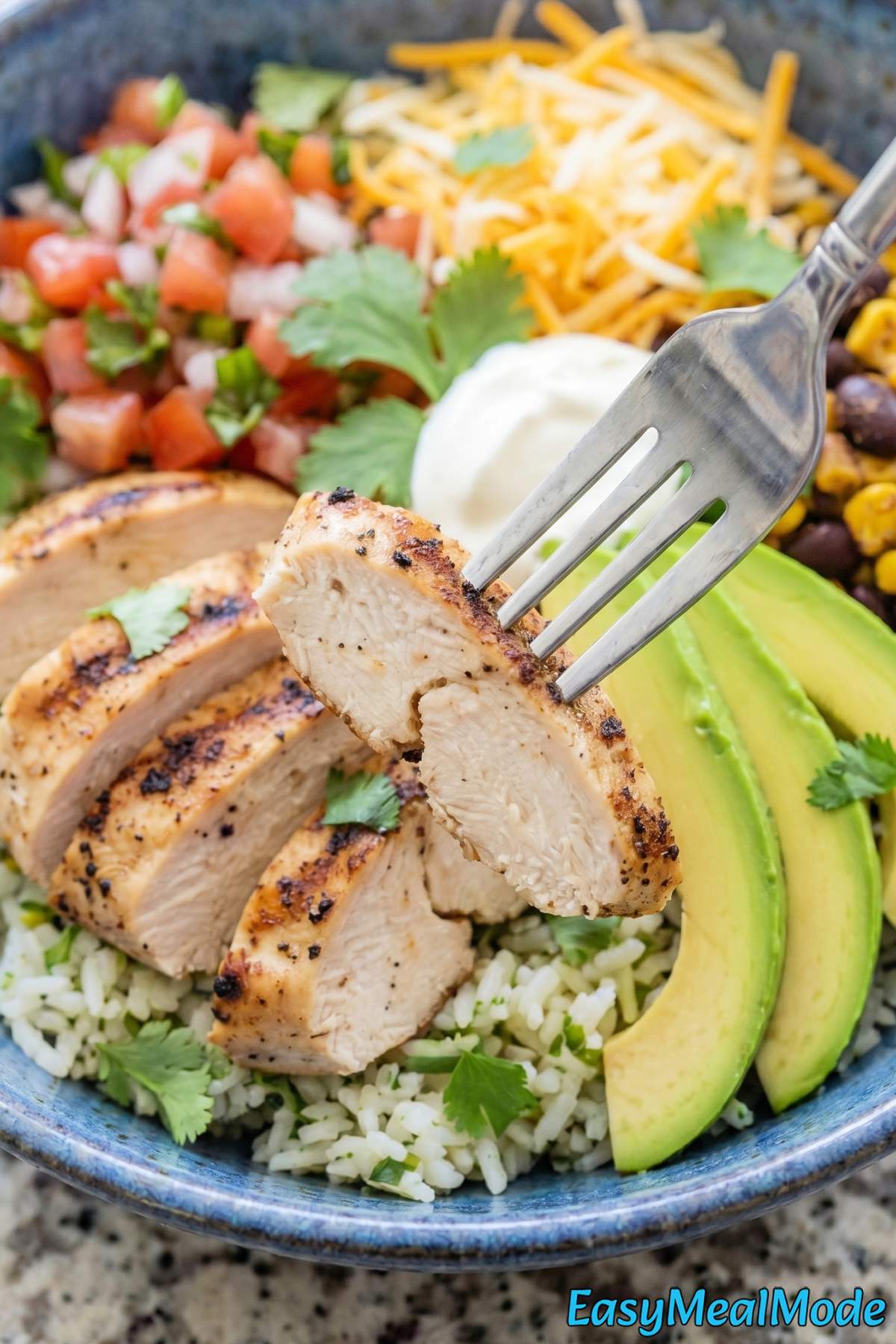 Savory high protein chicken burrito bowl