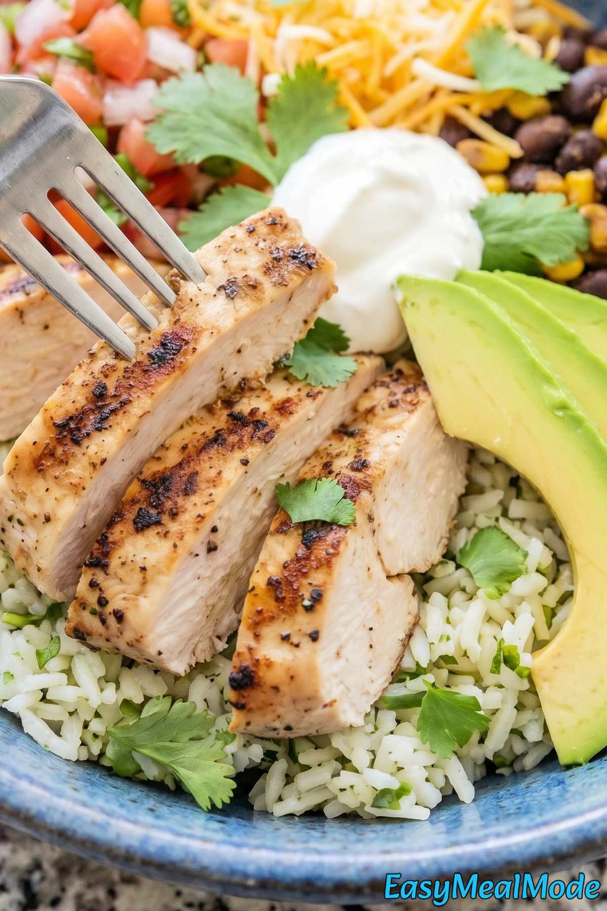 Loaded high protein chicken burrito bowl