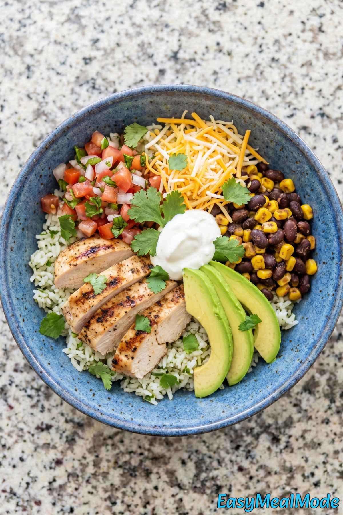 Flavorful high protein chicken burrito bowl