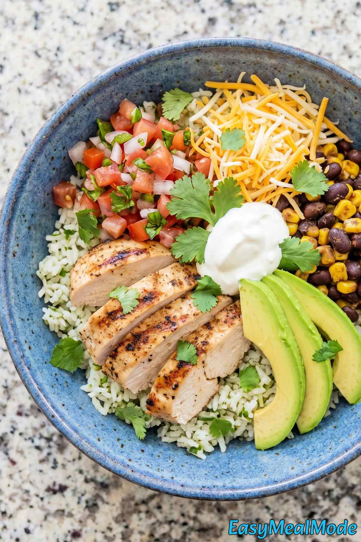 Zesty high protein chicken burrito bowl