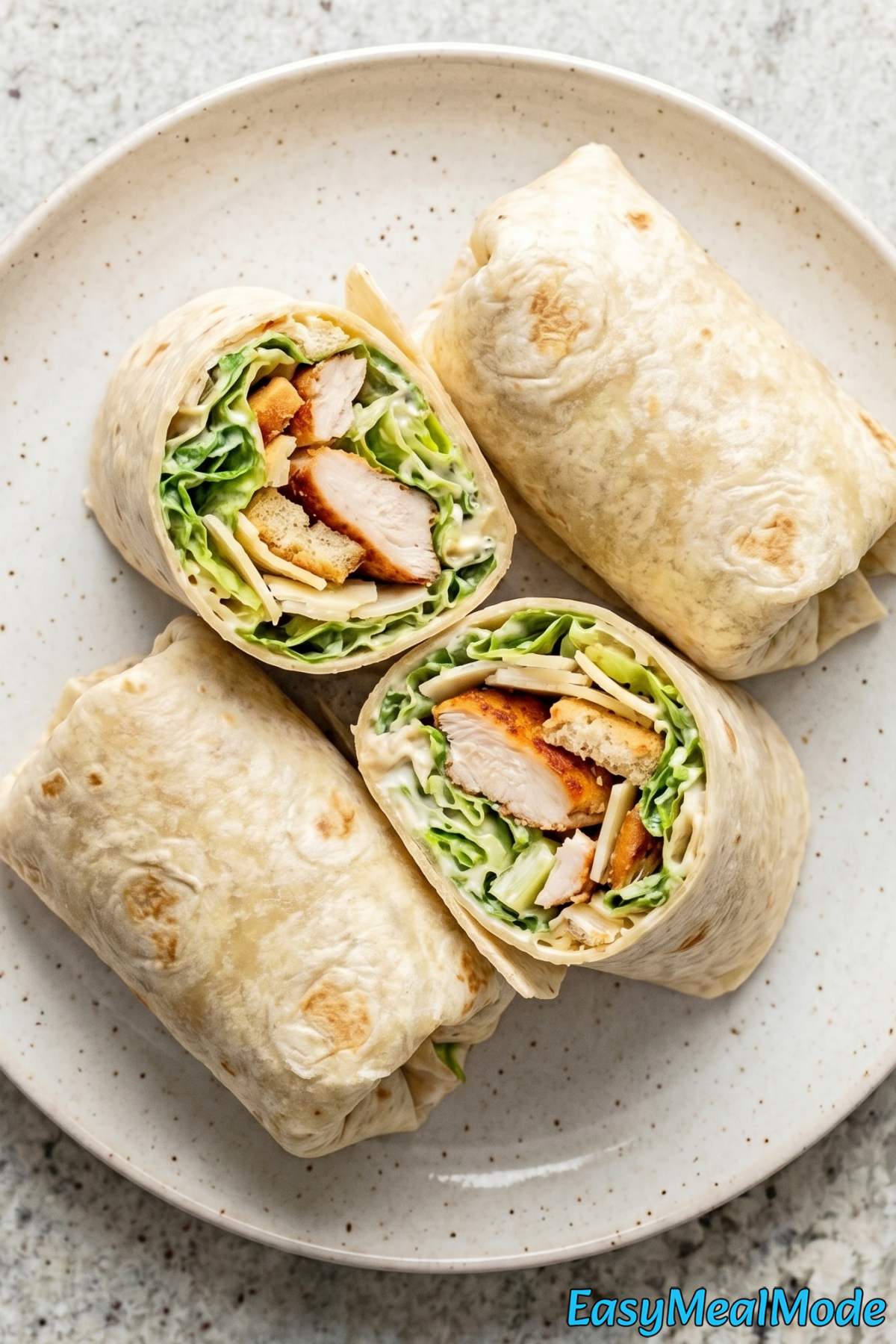 Crisp high protein chicken Caesar wrap on plate