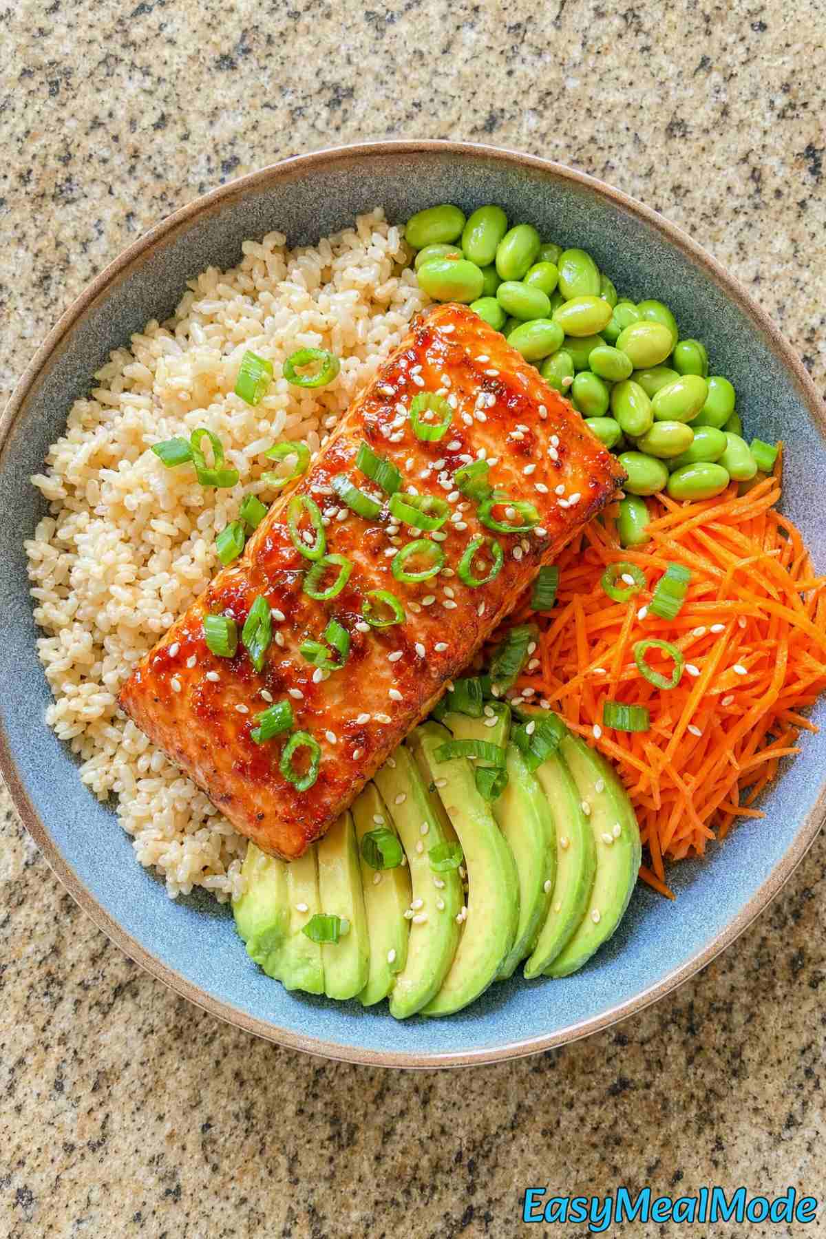 Wholesome high protein honey sriracha salmon bowl