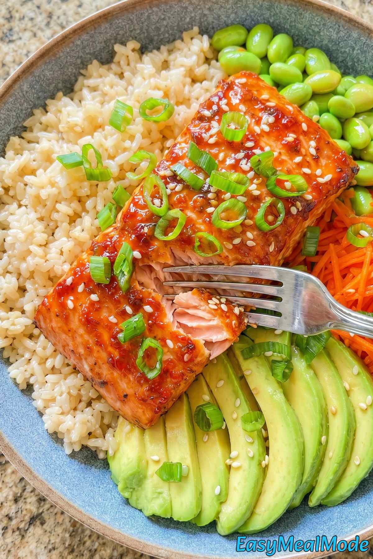 Satisfying high protein honey sriracha salmon bowl