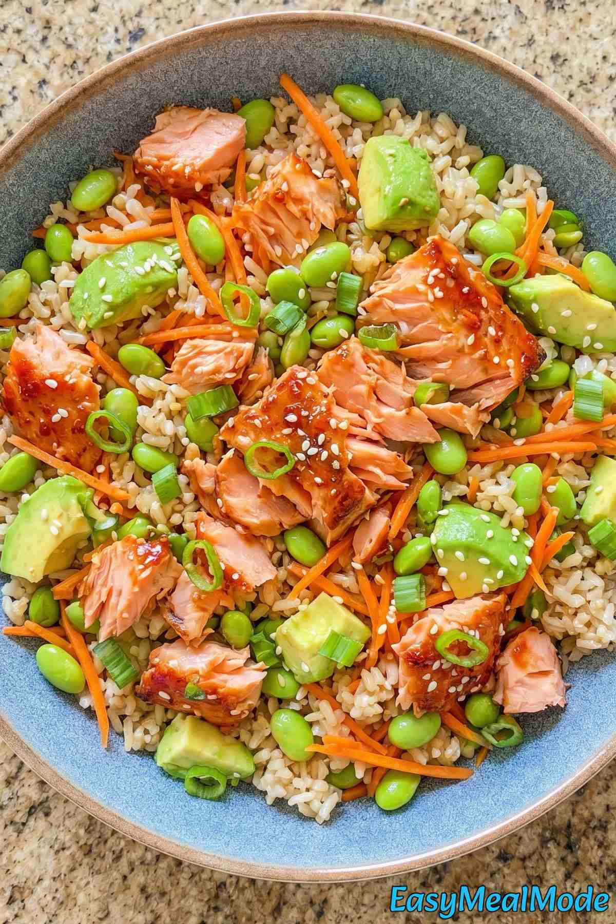 Savory honey sriracha salmon bowl high protein