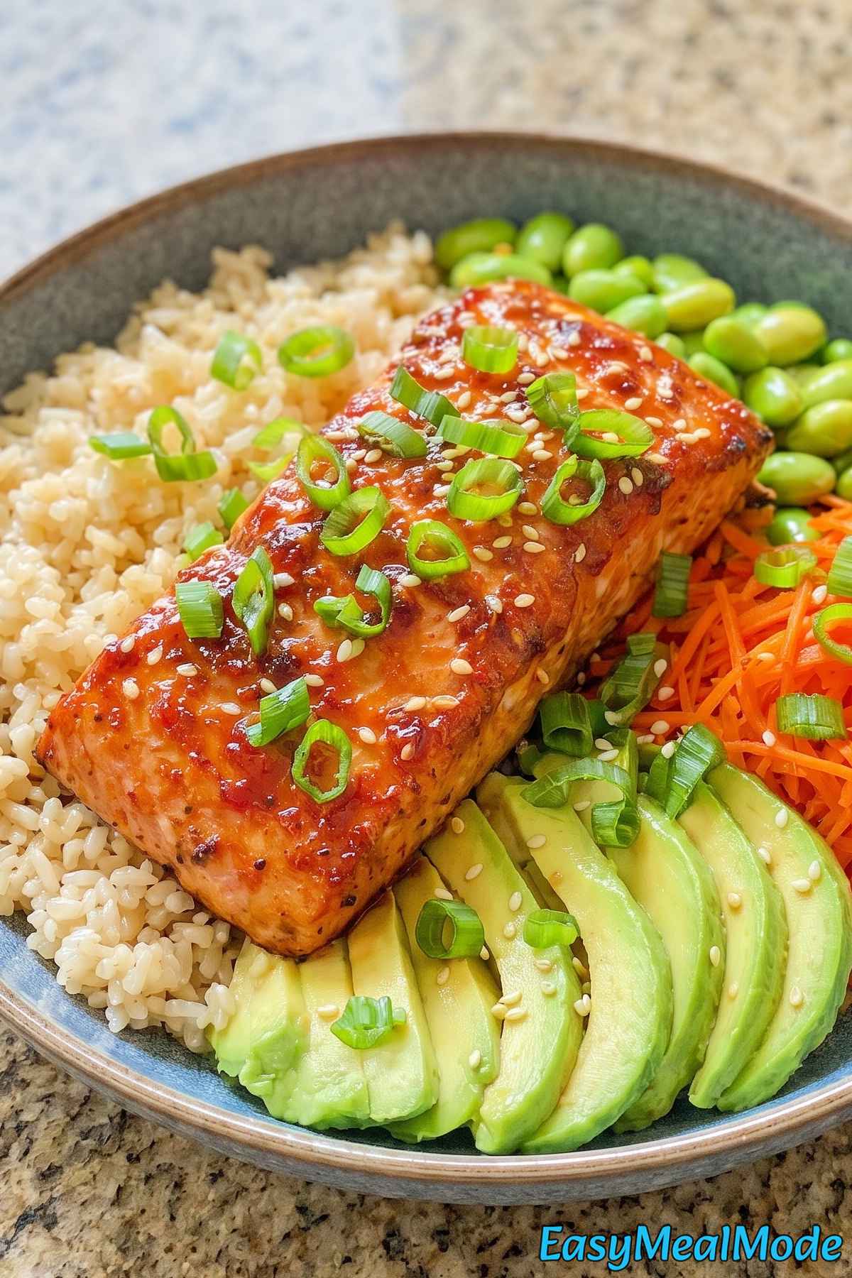 Fresh high protein honey sriracha salmon bowl
