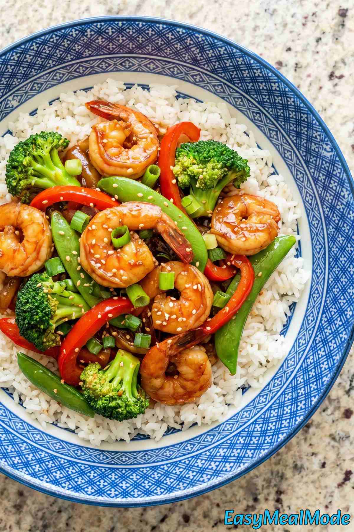 Colorful high protein shrimp stir fry