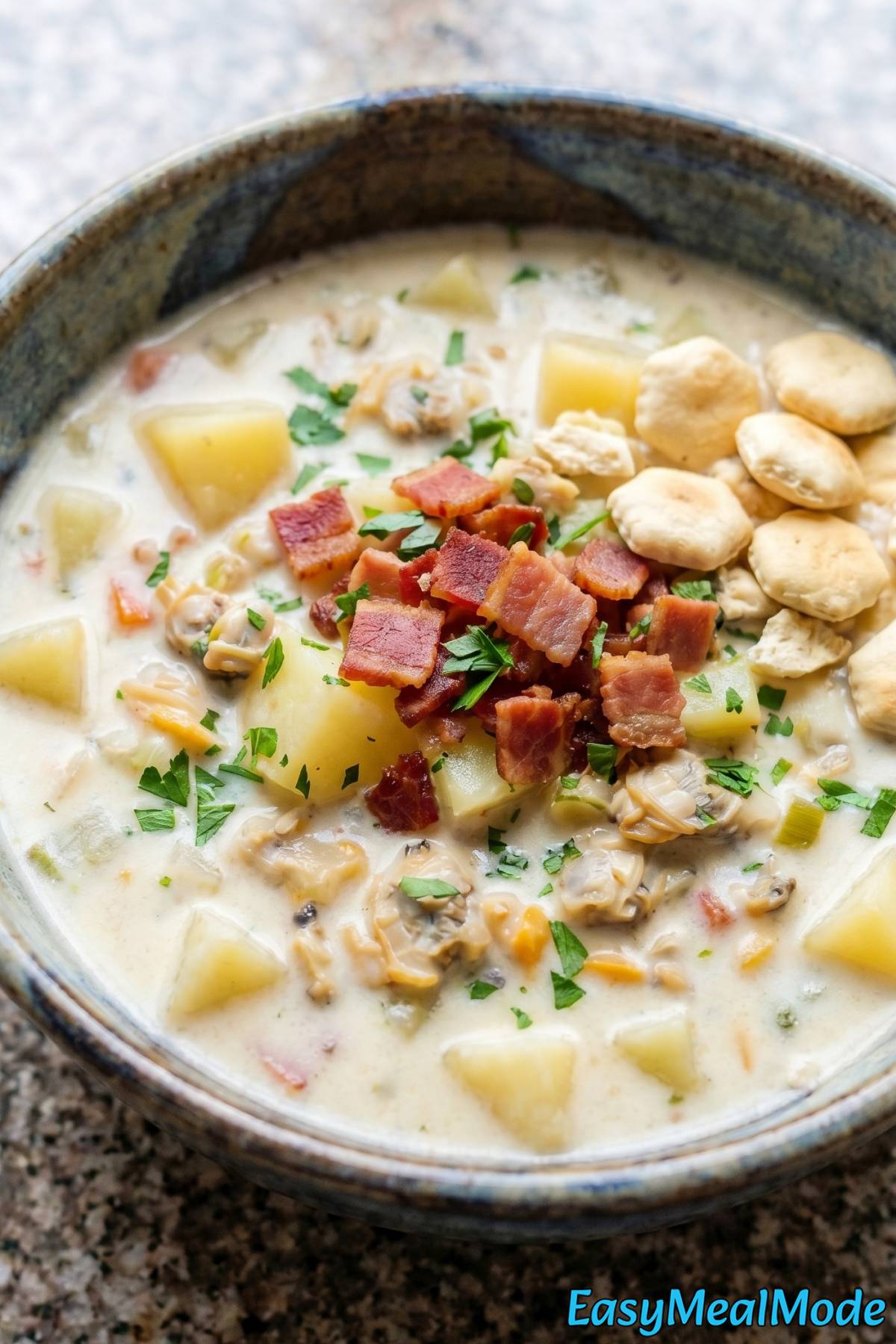 Steaming bowl of Instant Pot clam chowder