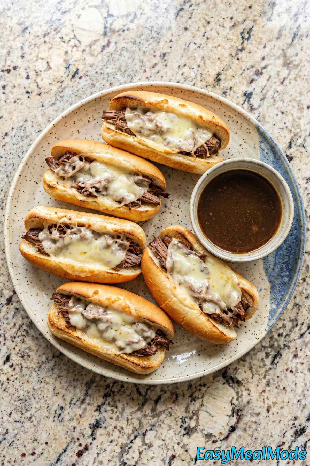 Warm Instant Pot French dip sandwiches served