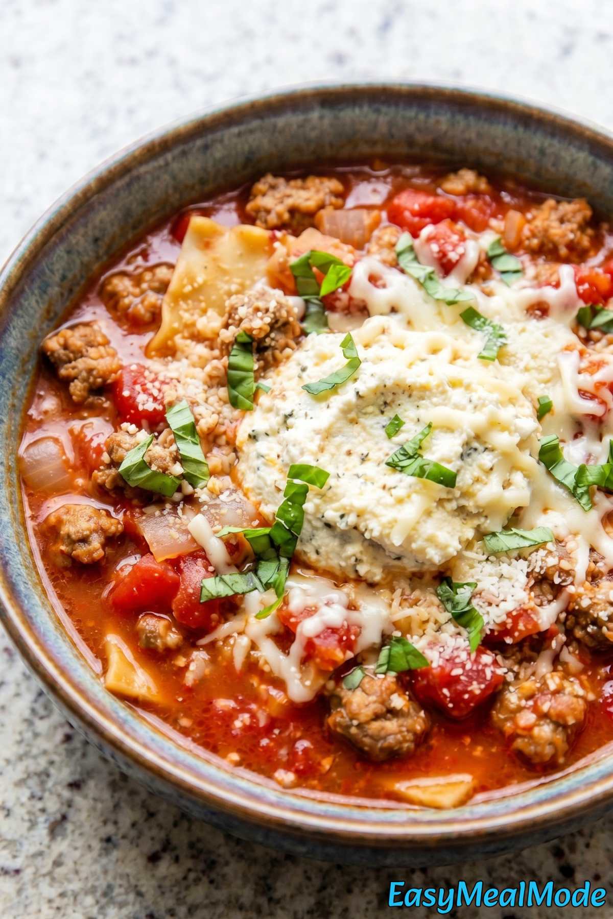 Warm Instant Pot lasagna soup close-up