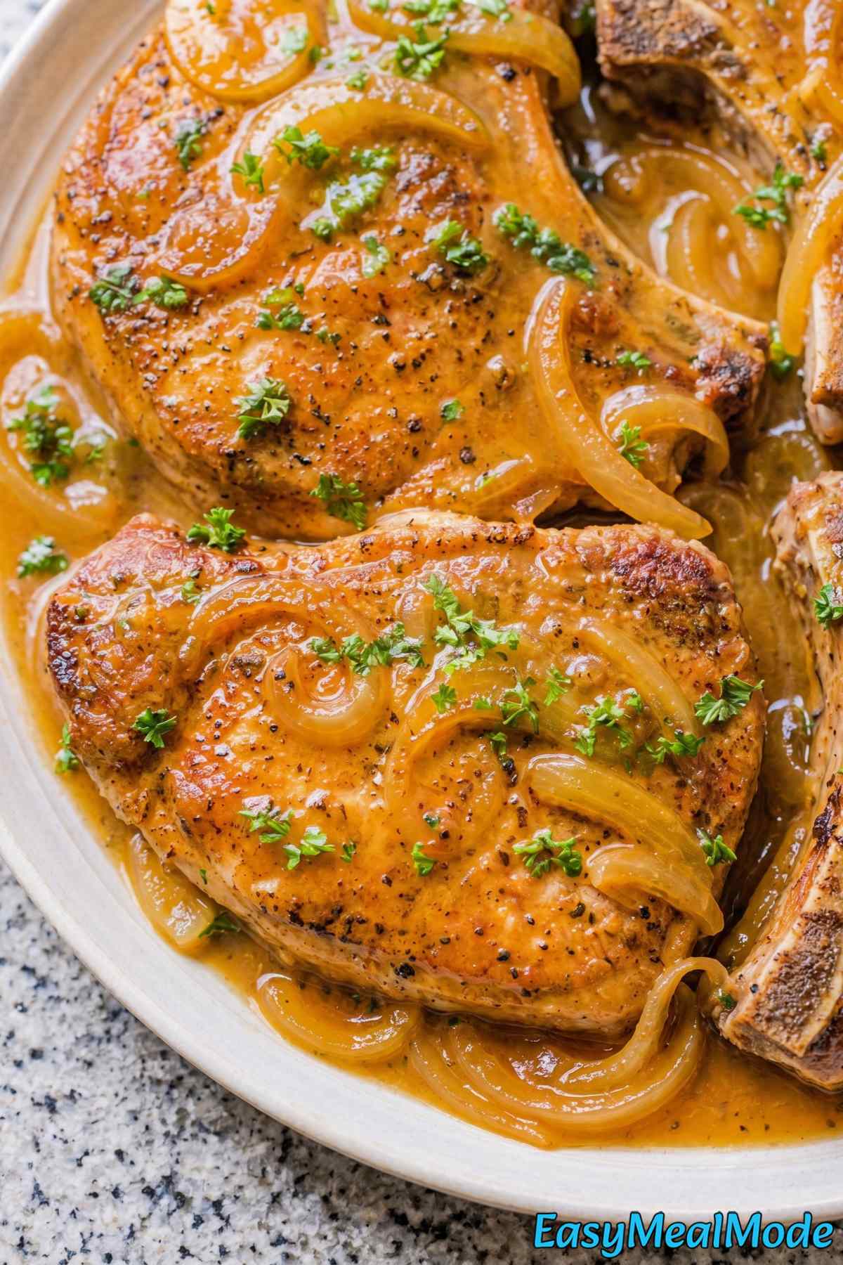Golden Instant Pot pork chops plated