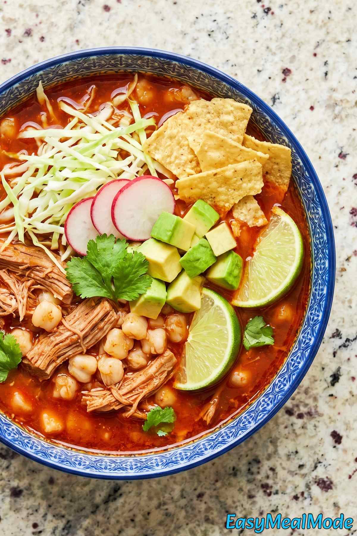 Rich Instant Pot Pozole Rojo with toppings