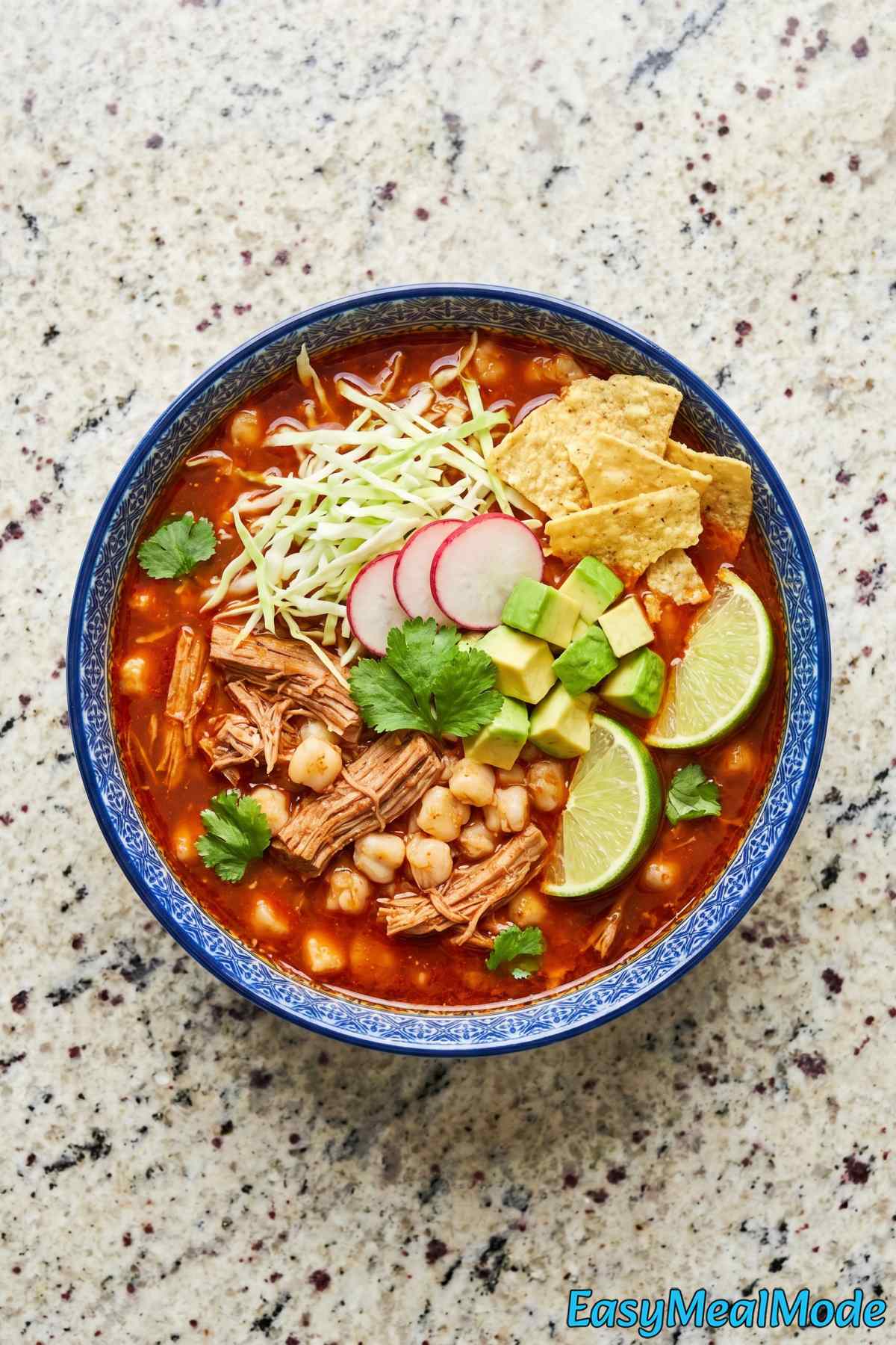 Easy Instant Pot Pozole Rojo in a bowl